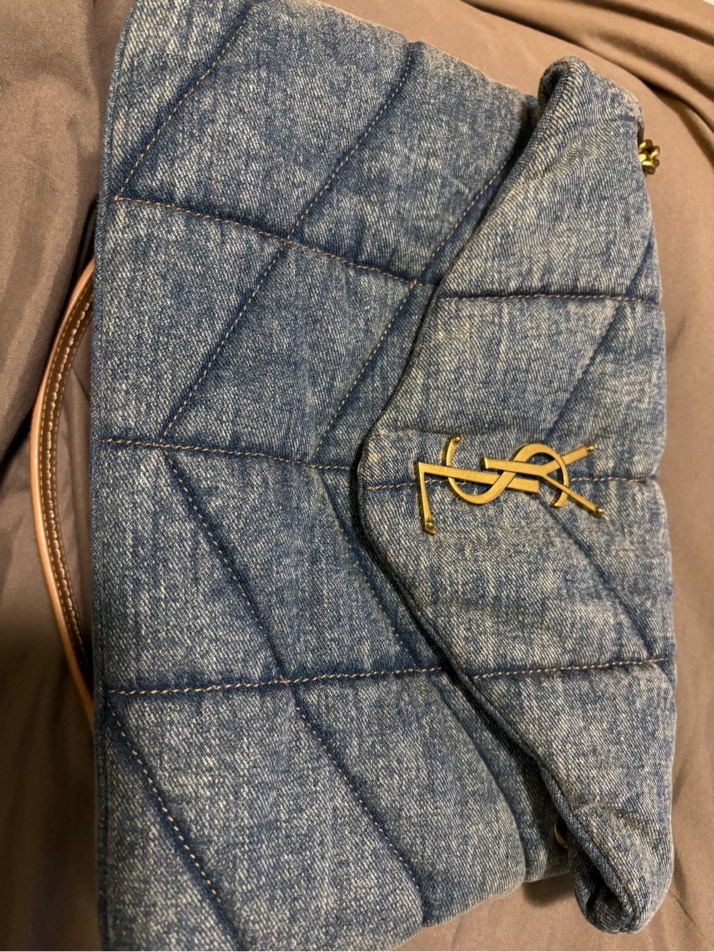 Quilted Denim Shoulder Bag - Light Blue with Gold Hardware - Picture 3 of 6